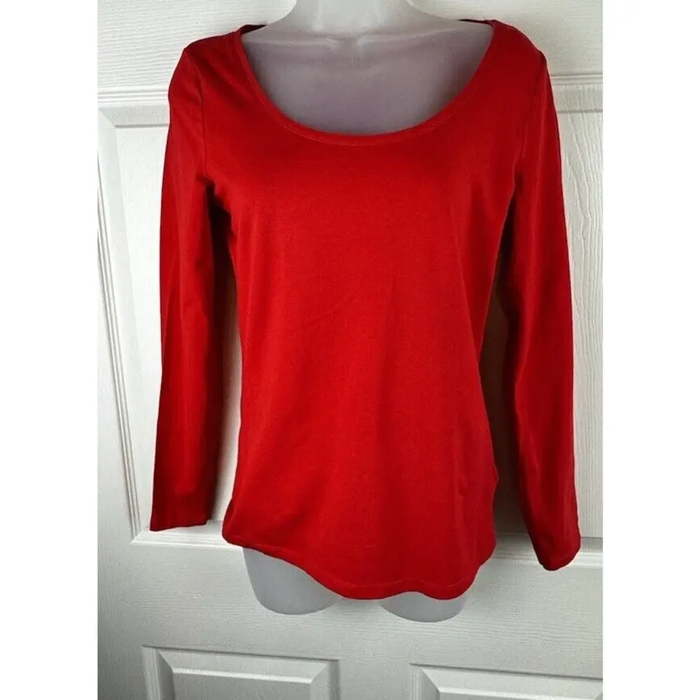 H&M Scooped Neck Top Long Sleeves Red M Casual Minimalist 50-08 - Picture 14 of 15